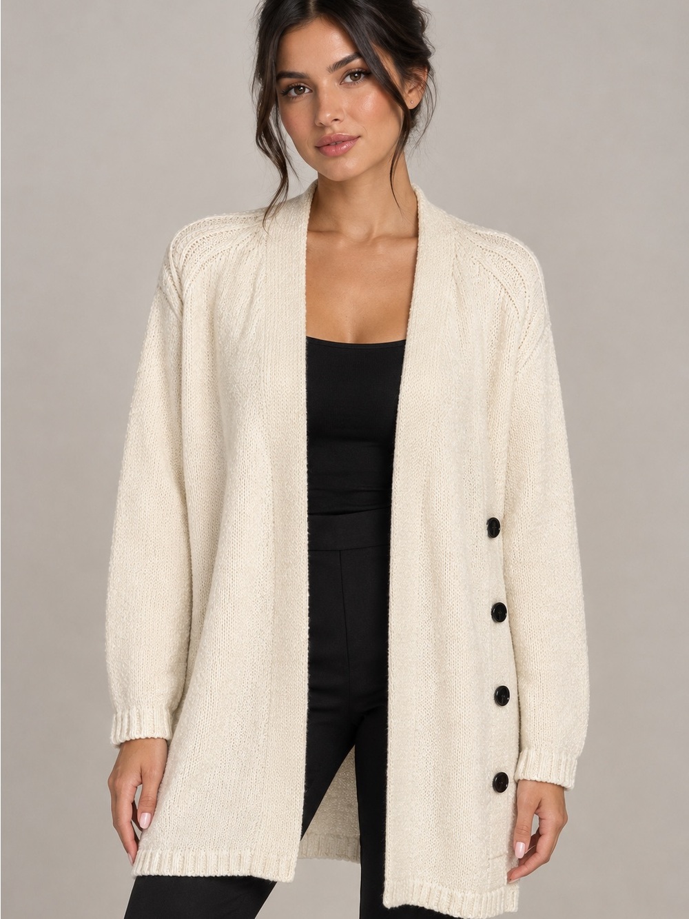 Vince Camuto Cream Open-Front Button-Side Cardigan